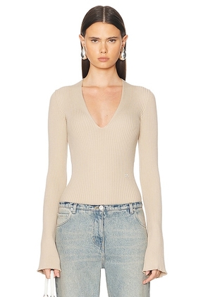 Courreges V Neck Rib Knit Bodysuit in Sand - Beige. Size L (also in M, S, XS).