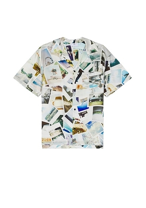 RTA Silk Print Short Sleeve Shirt in Photo Collage - Ivory. Size L (also in M, S, XL/1X).