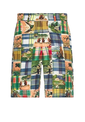 Beams Plus Plain Front Shorts Jacquard Mapping Patchwork Like Print in Patchwork - Green. Size L (also in M, S, XL/1X).