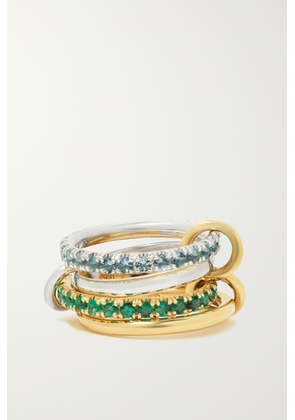 Spinelli Kilcollin - Halley Set Of Four Sterling Silver And 18-karat Gold, Aquamarine And Emerald Ring - 6,7