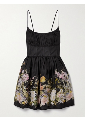 Zimmermann - Natura Floral-print Linen And Silk-blend Bustier Mini Dress - Black - 00,0,1,2,3,4