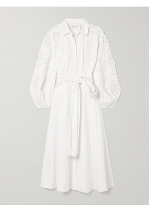 Carolina Herrera - Belted Guipure Lace-trimmed Cotton-twill Midi Dress - White - US2,US4,US6,US8