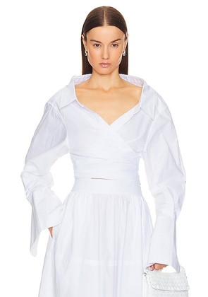 Helsa Poplin Wrap Shirt in White. Size S, XS, XXS.