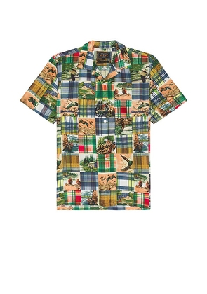 Beams Plus Open Collar Jacquard Mapping Patchwork Like Print in Green. Size M, S, XL/1X.