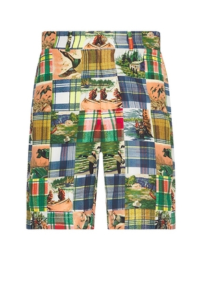 Beams Plus Plain Front Shorts Jacquard Mapping Patchwork Like Print in Green. Size M, S, XL/1X.