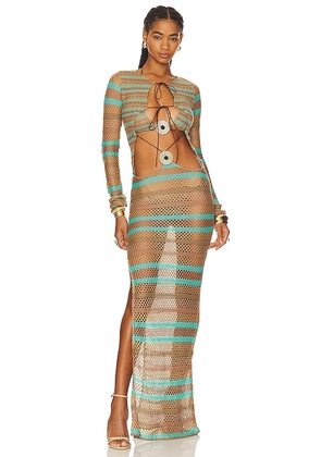 Jaded London Allure Stripe Knitted Maxi Dress in Teal. Size L, M, XL, XS.