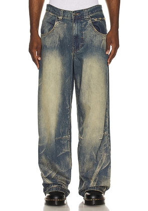 Jaded London Wing Print Studded Lowrise Colossus Jeans in Blue. Size 34, 36.