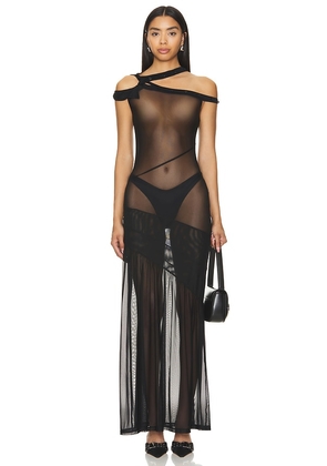 MARRKNULL Off-shoulder Crinkled Dress in Black. Size M, S, XL, XS.