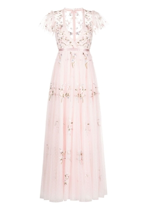Needle & Thread floral-embroidered short-sleeve gown - Pink