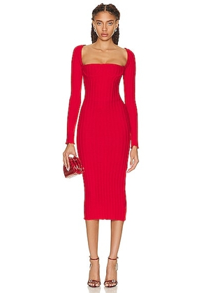 LaQuan Smith Off The Shoulder Midi Dress in Cherry - Red. Size XS (also in M).