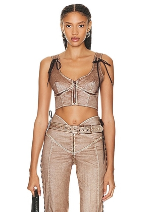 Jean Paul Gaultier X KNWLS Laced Branded Patch Sleeveless Crop Top in Brown & Ecru - Brown. Size 34 (also in 42).