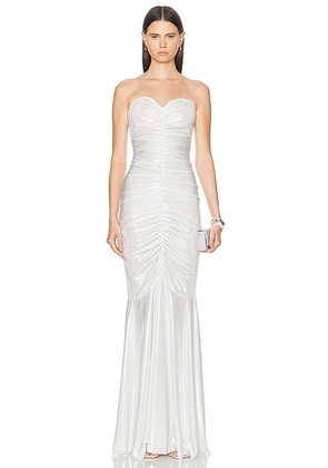 Norma Kamali Strapless Shirred Front Fishtail Gown in Pearl - Metallic Silver. Size L (also in S, XS).