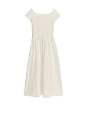 Off-Shoulder Smock Dress - White