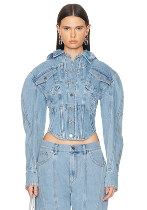 Mugler Corset Button Up Jacket in Light Blue - Blue. Size 34 (also in 36, 38).