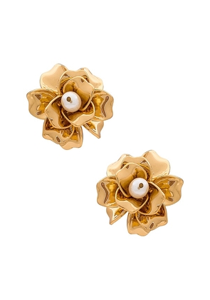 Ettika Flower And Pearl Earrings in Metallic Gold.