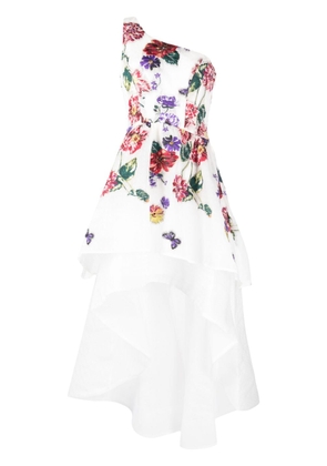 Marchesa Notte floral-embroidered one-shoulder tiered dress - White
