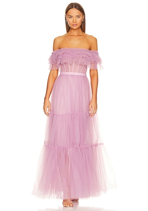 BCBGMAXAZRIA Off Shoulder Tiered Gown in Lavender. Size 10, 6, 8.