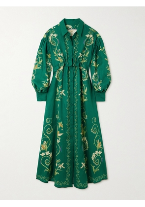 Agua by Agua Bendita - Taos Esmeralda Embroidered Printed Linen Maxi Shirt Dress - Green - x small,small,medium,large,x large