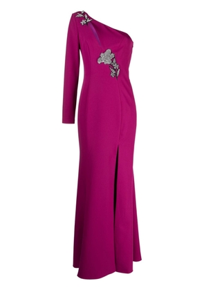 Marchesa Notte floral-appliqué one-shoulder gown - Purple