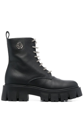 Philipp Plein logo-plaque lace-up leather boots - Black