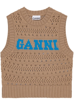 GANNI logo-intarsia knitted top - Brown