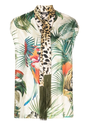 Roberto Cavalli Jungle-print tie-neck silk top - Neutrals