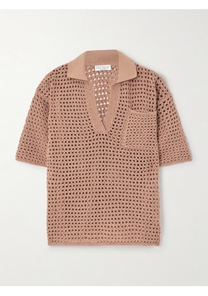 Brunello Cucinelli - Sequin-emhellished Open-knit Cotton-blend Polo Top - Orange - xx small,x small,small,medium,large,x large,xx large,xxx large