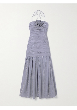 Carolina Herrera - Ruched Appliquéd Striped Cotton-poplin Halterneck Midi Dress - Blue - US0,US2,US4,US6,US8,US10