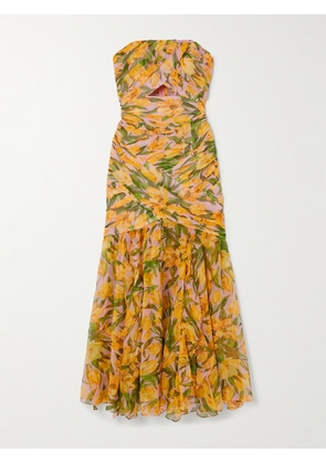 Carolina Herrera - Strapless Draped Cutout Floral-print Silk-chiffon Gown - Yellow - US0,US2,US4,US6