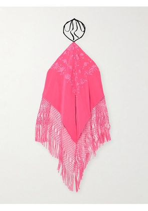 Conner Ives - Ano Fringed Macramé-trimmed Embroidered Silk-crepe Halterneck Top - Pink - x small,small,medium,large