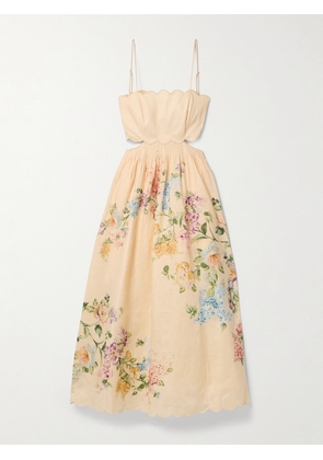 Zimmermann - Halliday Cutout Scalloped Pintucked Floral-print Linen Midi Dress - Cream - 00,0,1,2,3,4