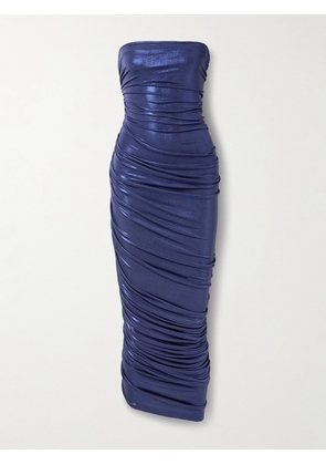 Norma Kamali - Diana Strapless Ruched Asymmetric Stretch-lamé Midi Dress - Blue - xx small,x small,small,medium,large,x large
