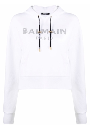 Balmain rhinestone logo cotton hoodie - White