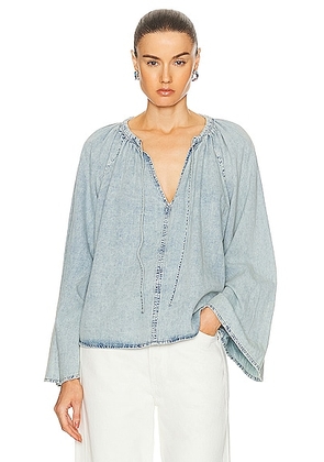 FRAME V Neck Shirred Blouse in Aries - Blue. Size M (also in S, XS).