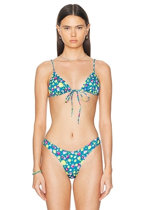 Heavy Manners Triangle Front Tie Bikini Top in Mercer Street - Teal. Size L (also in M, S, XL, XS).