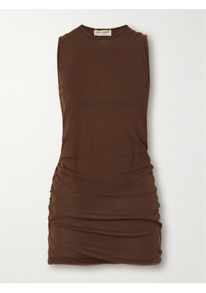 SAINT LAURENT - Ruched Stretch-tulle Mini Dress - Brown - FR34,FR36,FR38,FR42