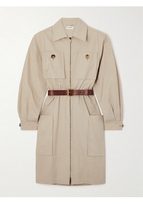SAINT LAURENT - Belted Cotton-twill Mini Dress - Gray - FR40,FR42