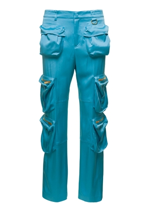Blumarine Light Blue Cargo Pants With Macro Patch Pockets In Satin Woman