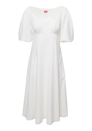 Kenzo White Puff Sleeve Embroidered Midi Dress In Cotton Woman