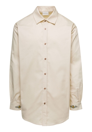 Drôle De Monsieur Beige Shirt With Drôle Fleurie Embroidery On Cuffs And Back In Cotton Man