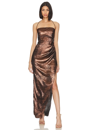 RUMER Phoenix Maxi Dress in Metallic Bronze. Size XS.