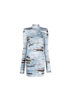John Richmond Short Dress With Iconic Runway Denim-Effect Pattern. High Collar And Long Sleeves.