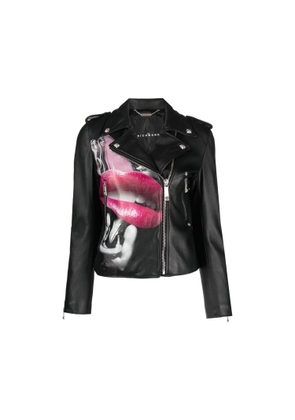 John Richmond 100% Leather Jacket With Heat Pressed Print. Decentralised Fastener By Contrasting Zip.