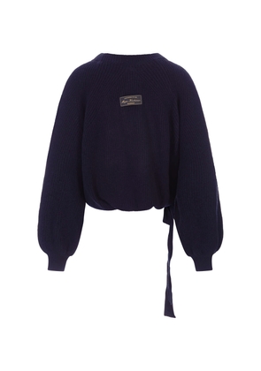 Msgm Blue Crew Neck Pullover With Ribbon On The Bottom