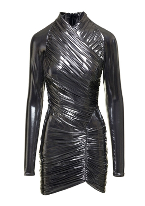 Ferragamo Mini Silver-Colored Gathered Dress In Laminated Fabric Woman