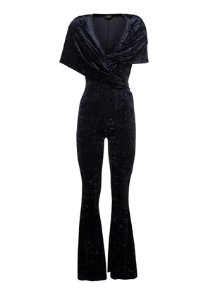 The Andamane Naomi Blue Hooded Flared Jumpsuit In Crushed Velvet Woman