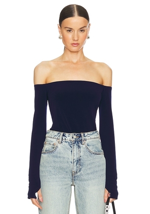 Norma Kamali Long Sleeve Off Shoulder Top in Navy. Size M, S, XL, XS, XXS.