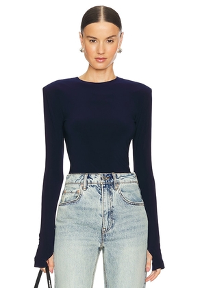 Norma Kamali Shoulder Pad Long Sleeve Crew Top in Navy. Size L, S, XL, XS, XXS.