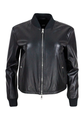 Add Jacket In Soft And Real Lambskin With College Collar And Zip Closure. Stretch Knit Collar And Cuffs