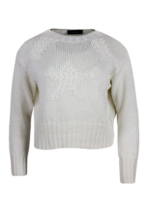 Lorena Antoniazzi Long-Sleeved Crew-Neck Sweater In Cotton With Refined Star Work On The Front